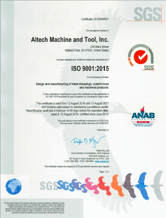 ISO Certification 9001:2015 for Altech Machine in New Jersey